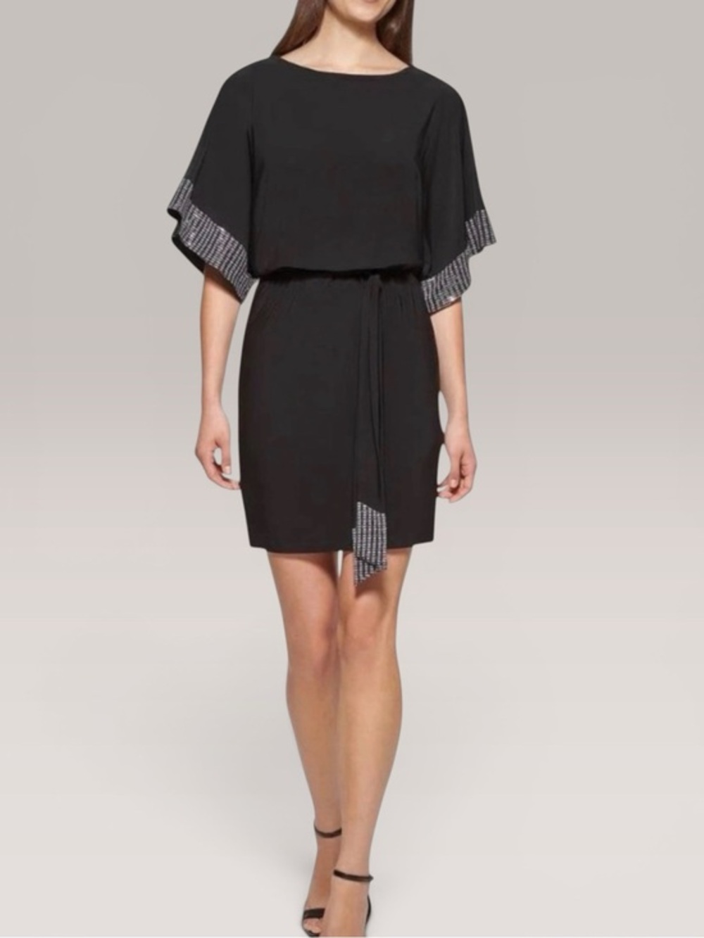 Jessica Howard Black Embellished Blouson Tie-Waist Cocktail Mini-Dress Size 10